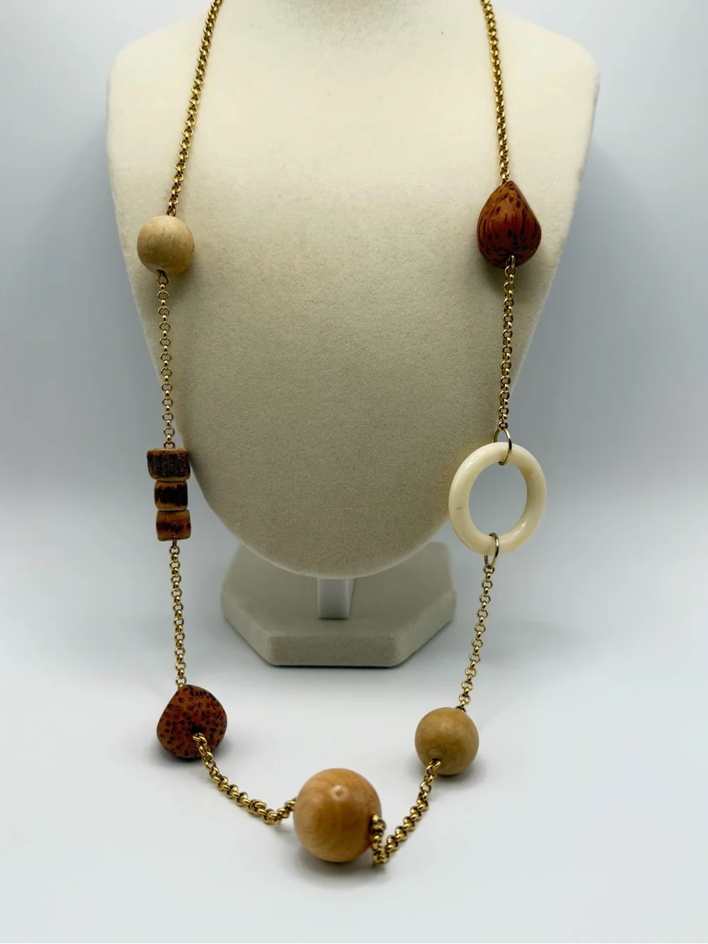 Gold-Tone Chain Necklace with Natural Brown & Cream Wood Accents